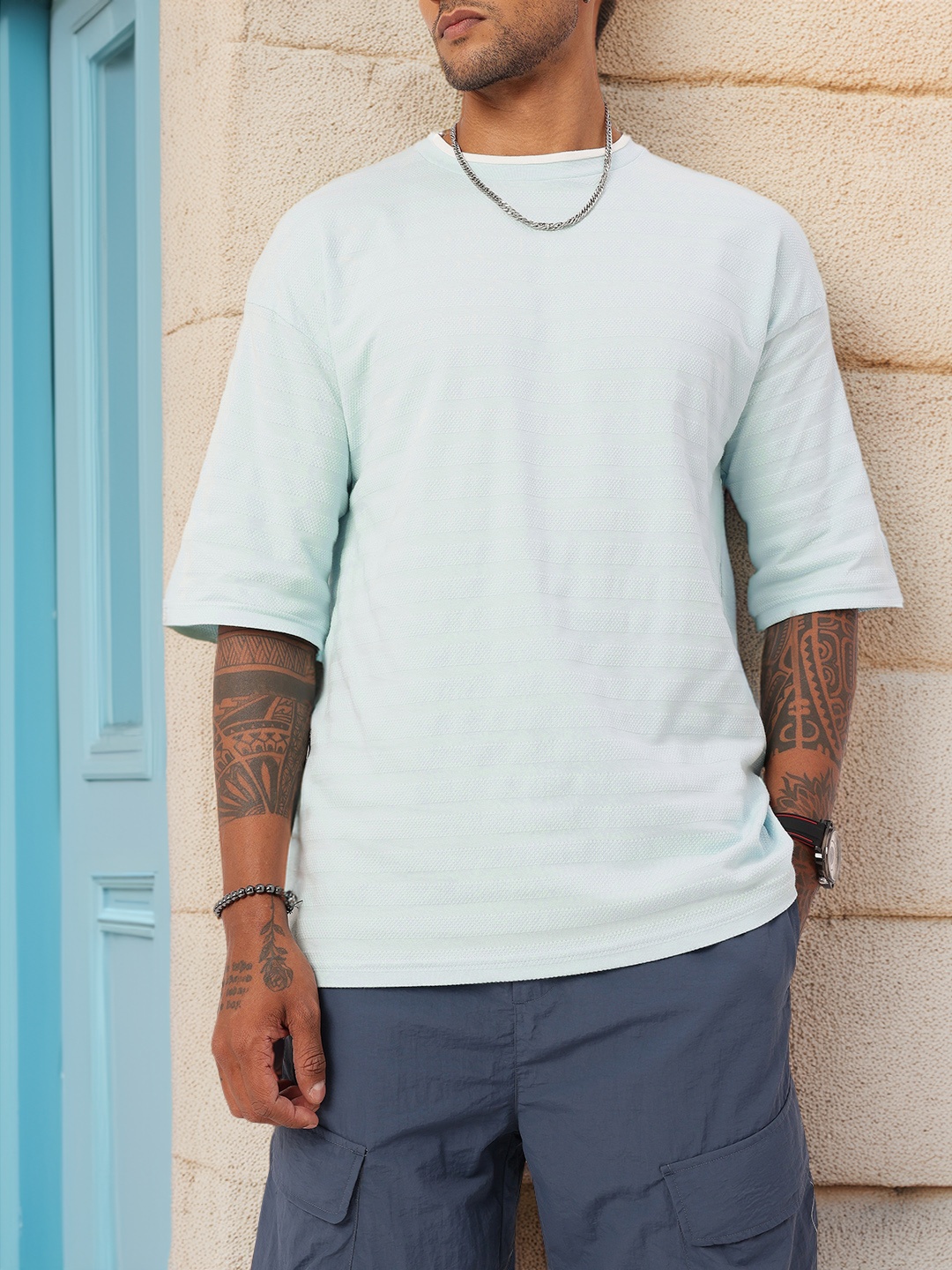 

Kook N Keech Cityscape Textured Drop-Shoulder Oversized T-shirt, Blue