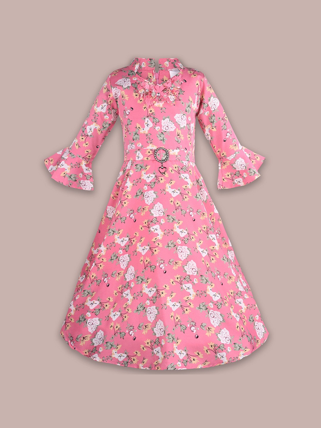 

Wish Karo Floral Print Bell Sleeve Satin Fit & Flare Dress, Pink