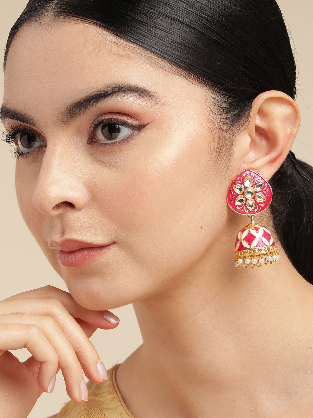 

Anouk Gold Plated Artificial Stones and Beads Meenakari Dome Shaped Jhumkas Earrings, Pink