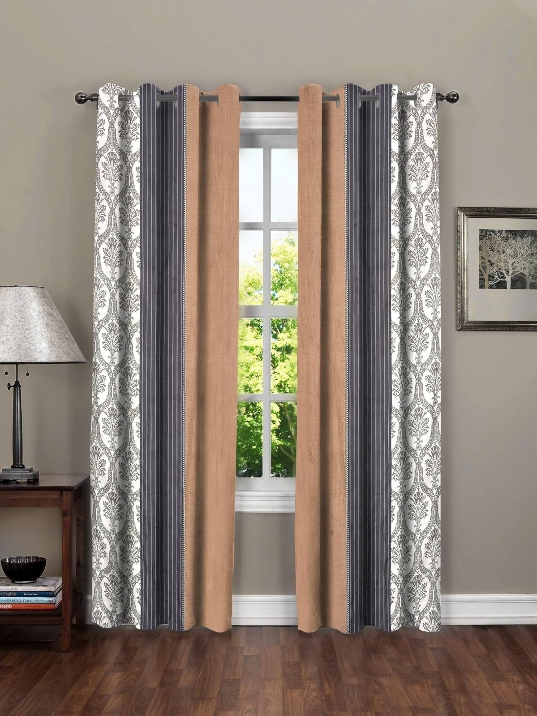 

Myntra Elegant Homes Brown & Grey Set of 2 Striped Long Door Curtain