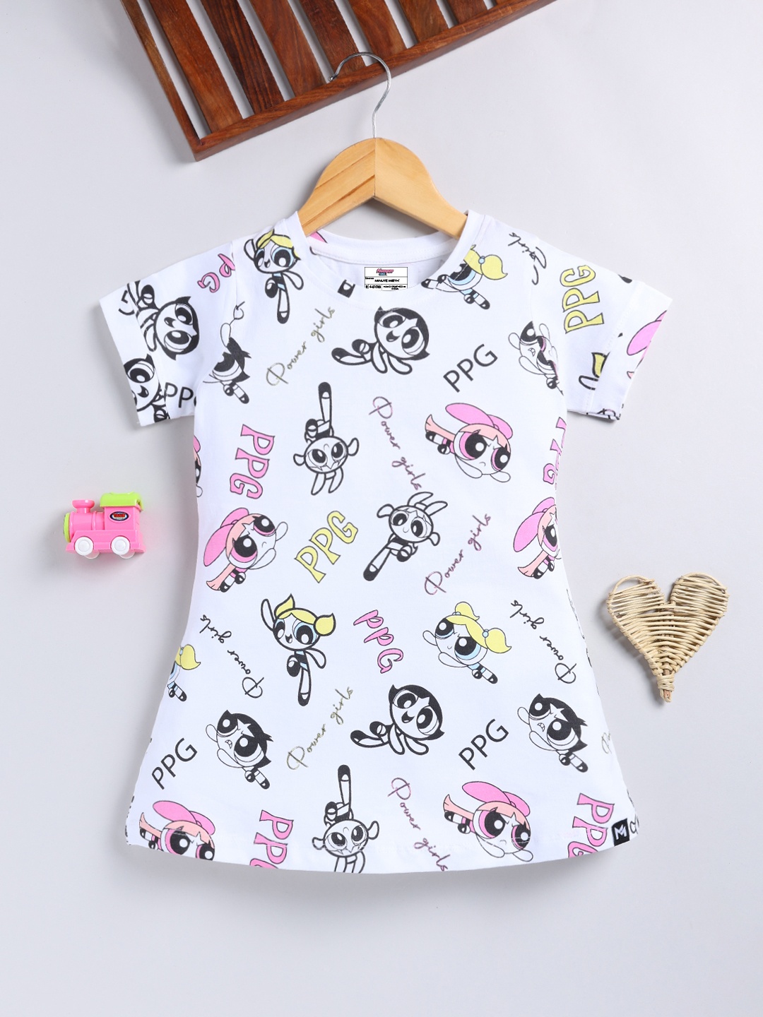 

YK X Minute Mirth Girls PowerPuff Girls Pure Cotton Printed A-Line Dress, White