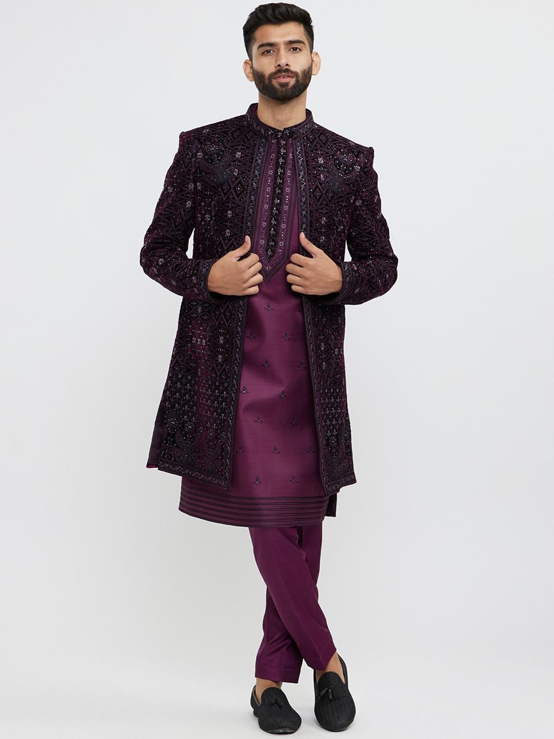 

Twamev Wine Embroidered Thread Work Mandarin Collar Velvet Sherwani Set, Purple