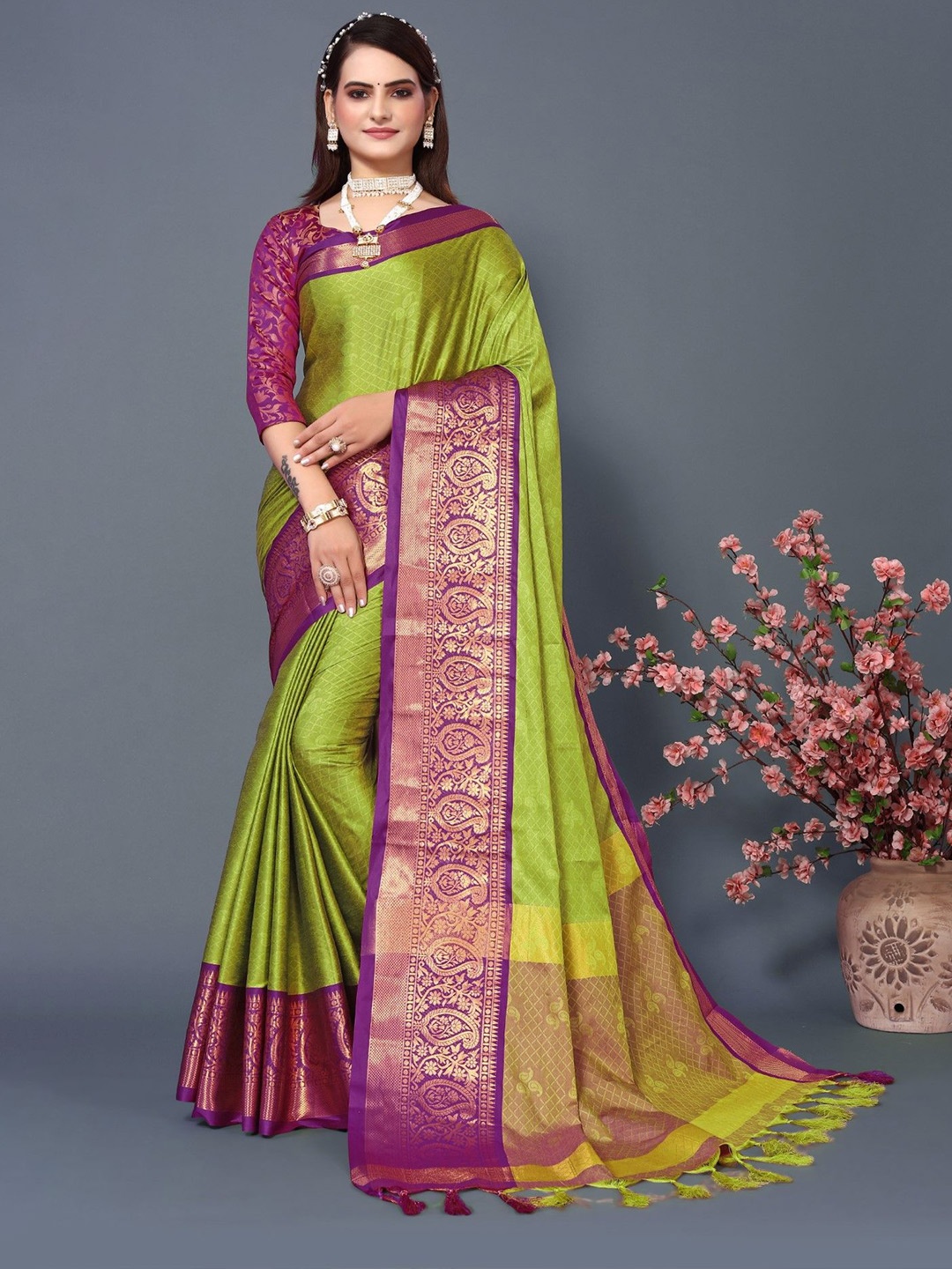 

LeeliPeeri Designer Woven Design Zari Silk Blend Saree, Lime green