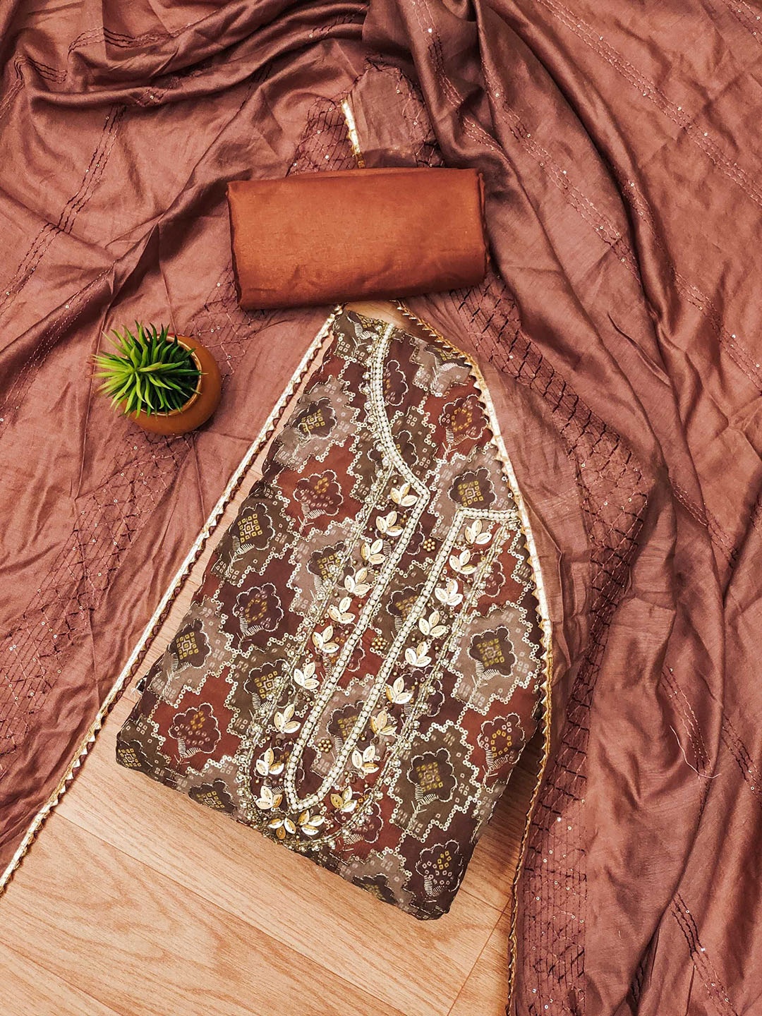 

KALINI Embroidered Organza Unstitched Dress Material, Rust