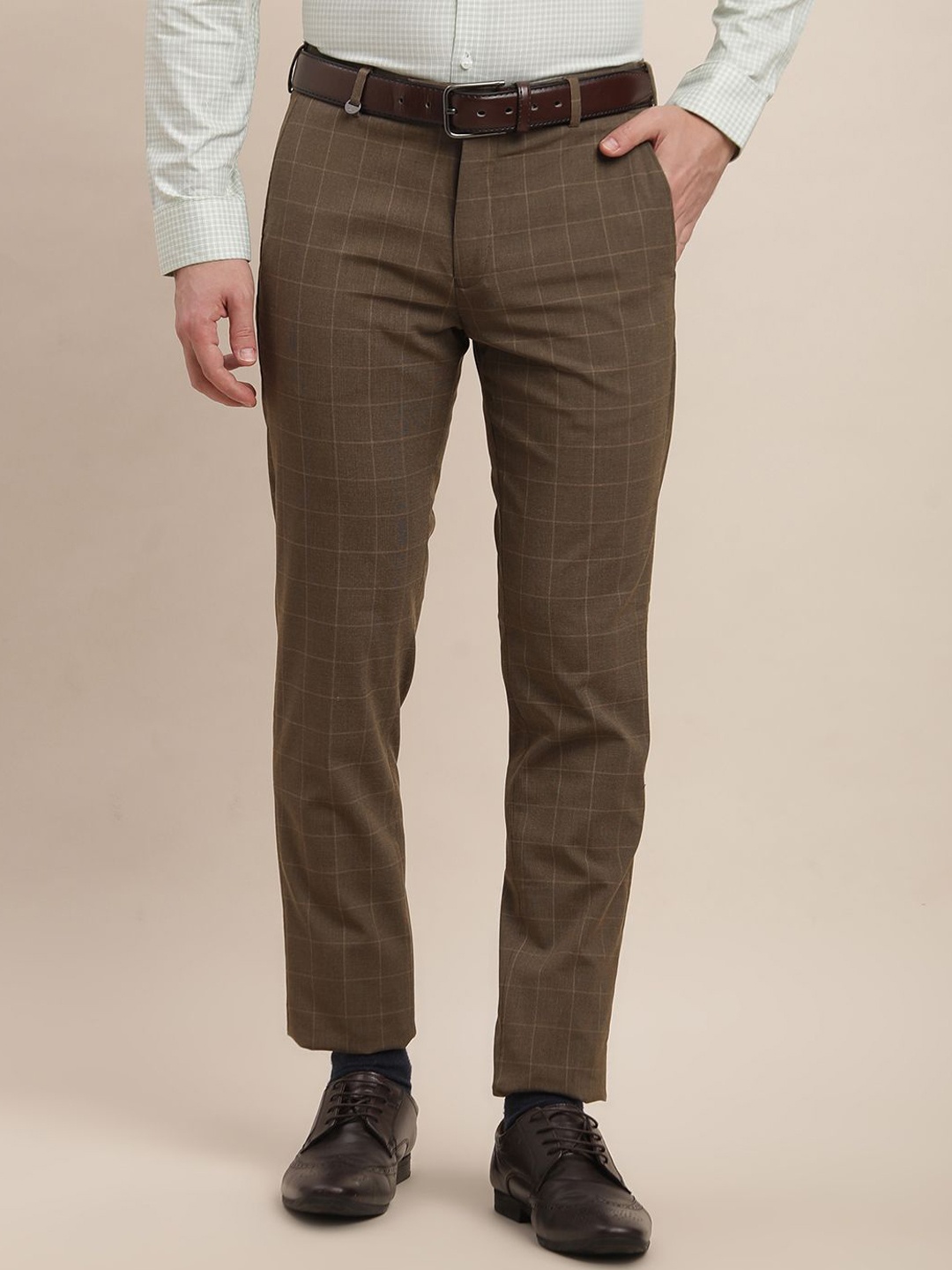 

Turtle Men Checked Tailored Skinny Fit Formal Trouser, Brown