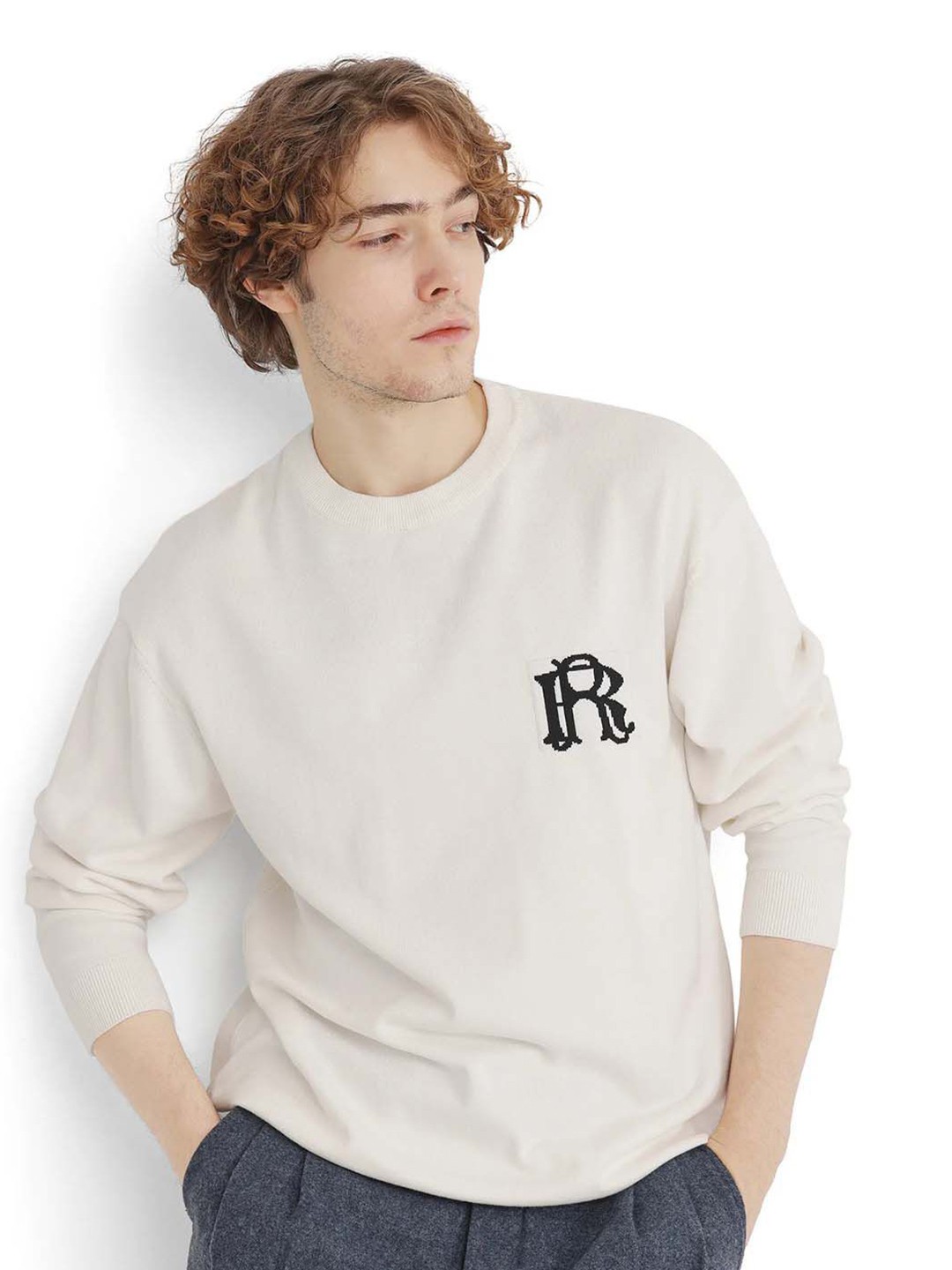 

RARE RABBIT Men Cotton Round Neck Pullover, Off white