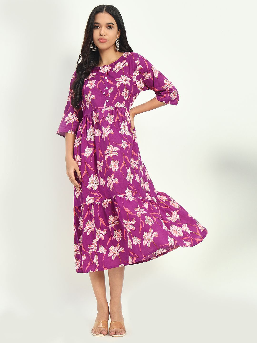 

KALINI Women Floral Printed Cotton Empire Midi Dress, Purple