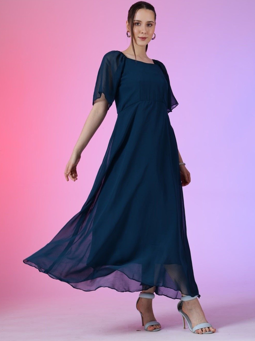 

Krunal Raiyani Women Bell Sleeve Fit & Flare Maxi Dress, Blue