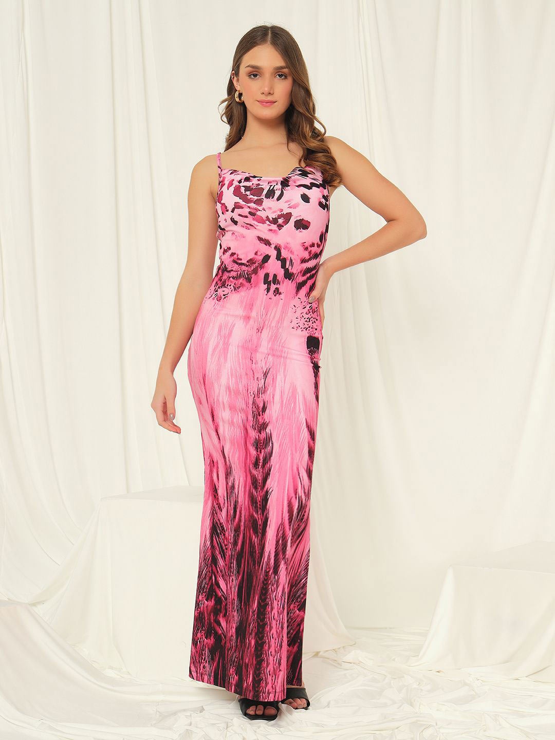 

BAESD Printed Shoulder Straps Maxi Dress, Pink