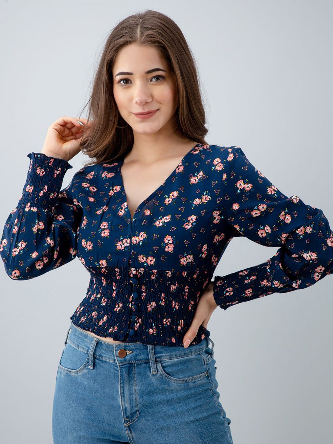 

all about you Floral Print Puff Sleeve Cinched Waist Crop Top, Blue