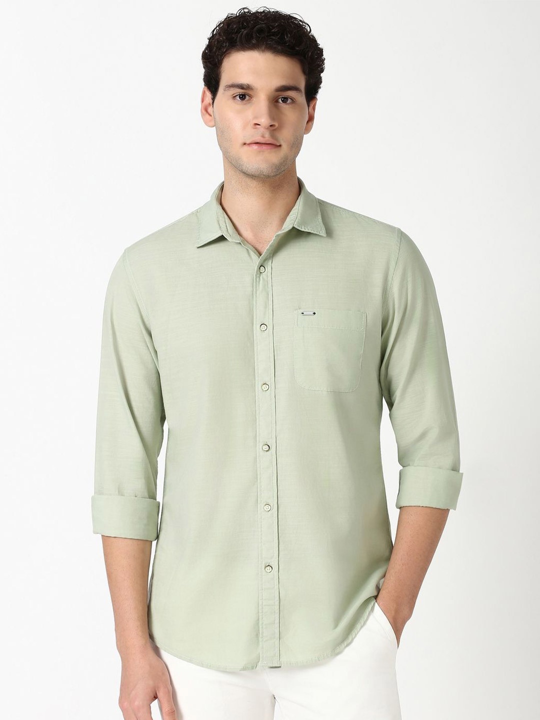 

Peter England Casuals Men Spread Collar Solid Cotton Slim Fit Casual Shirt, Green