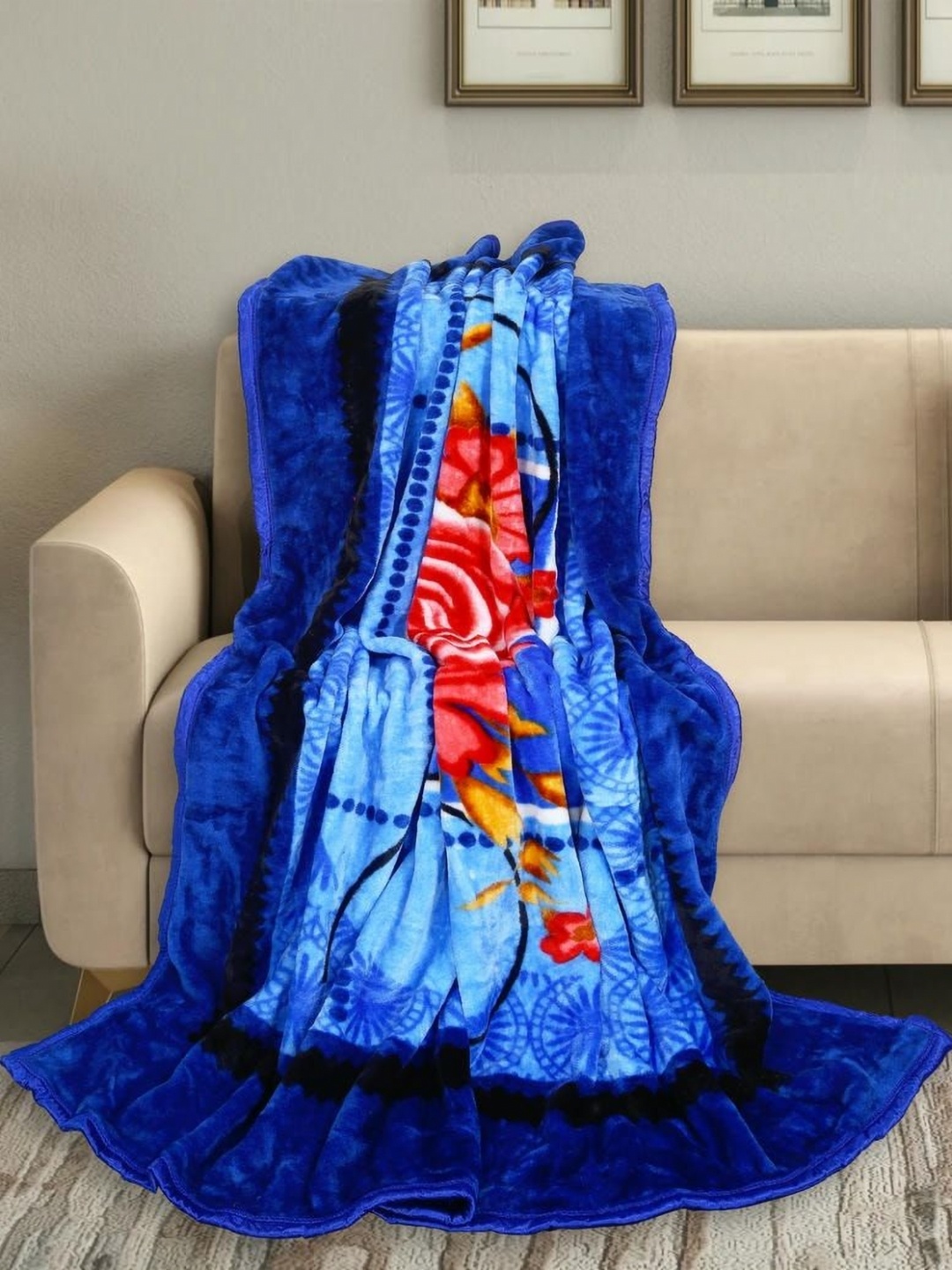 

MAGICAL Blue & Red Floral Mink 400 GSM Double Bed Blanket