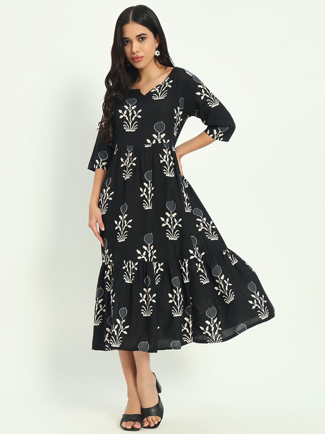 

KALINI Floral Printed A-Line Midi Dress, Black