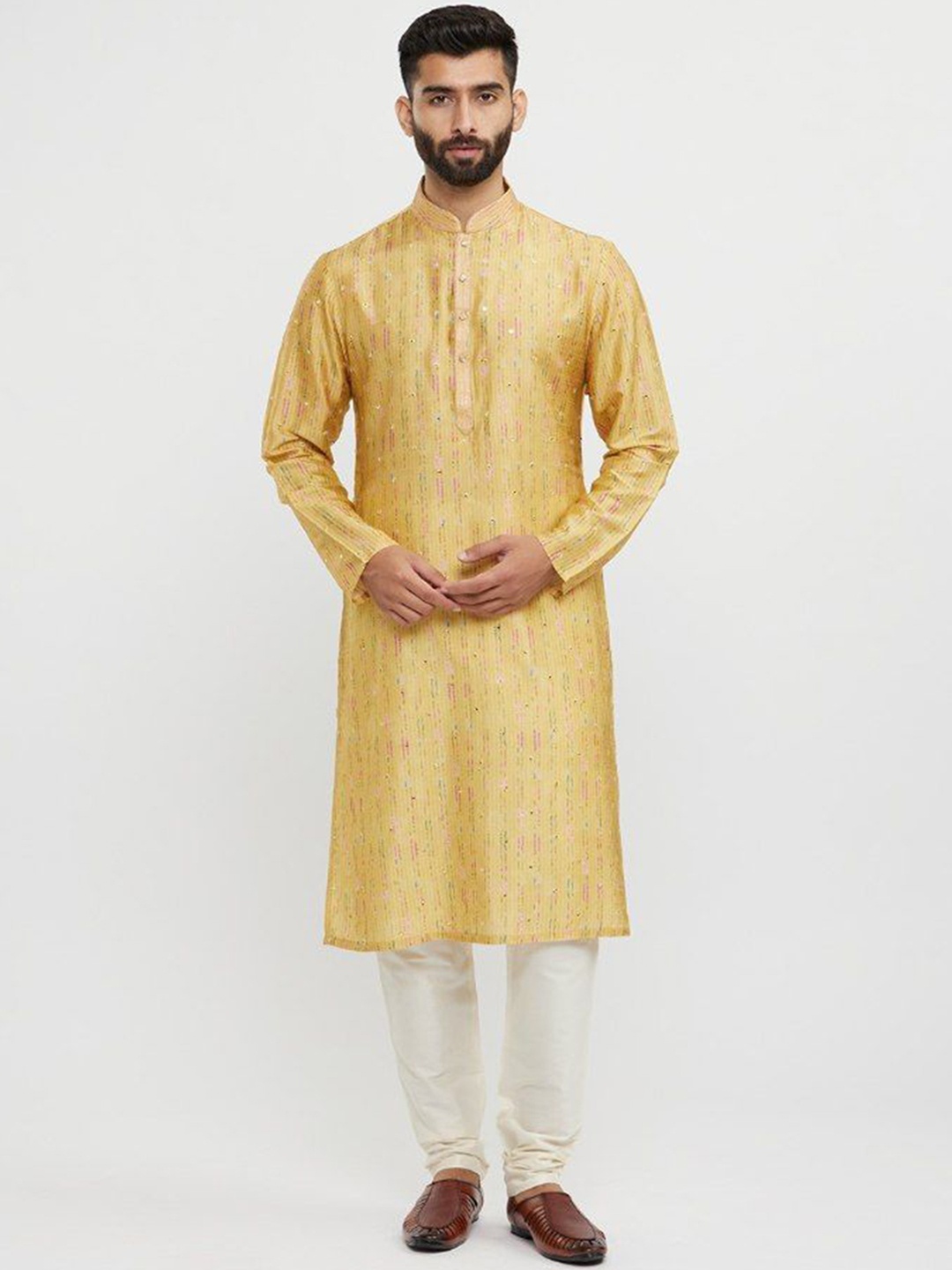 

Twamev Men Embroidered Regular Mirror Work Kurta with Churidar, Mustard