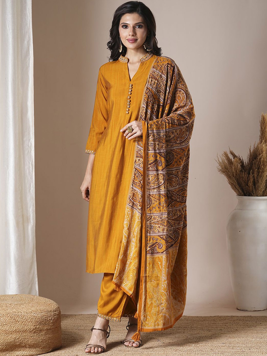 

FASHOR Women Embroidered Regular Kurta with Trousers & With Dupatta, Mustard