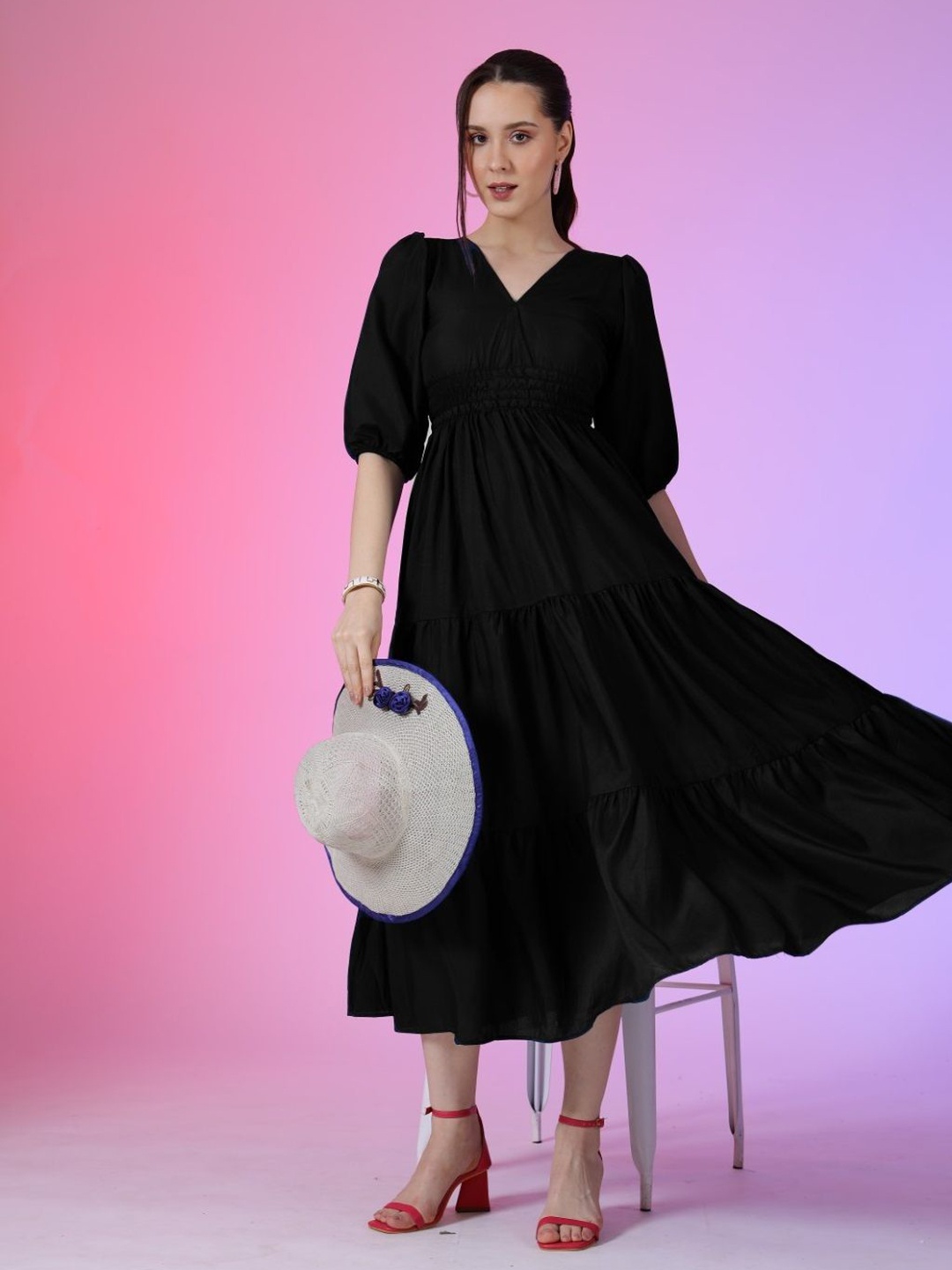 

Krunal Raiyani Women Tiered Fit & Flare Maxi Dress, Black