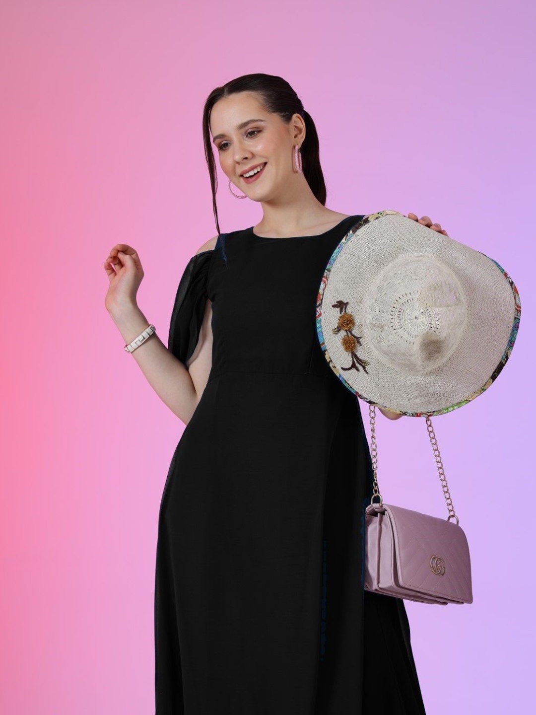 

Krunal Raiyani Women Cap Sleeves Maxi Dress, Black