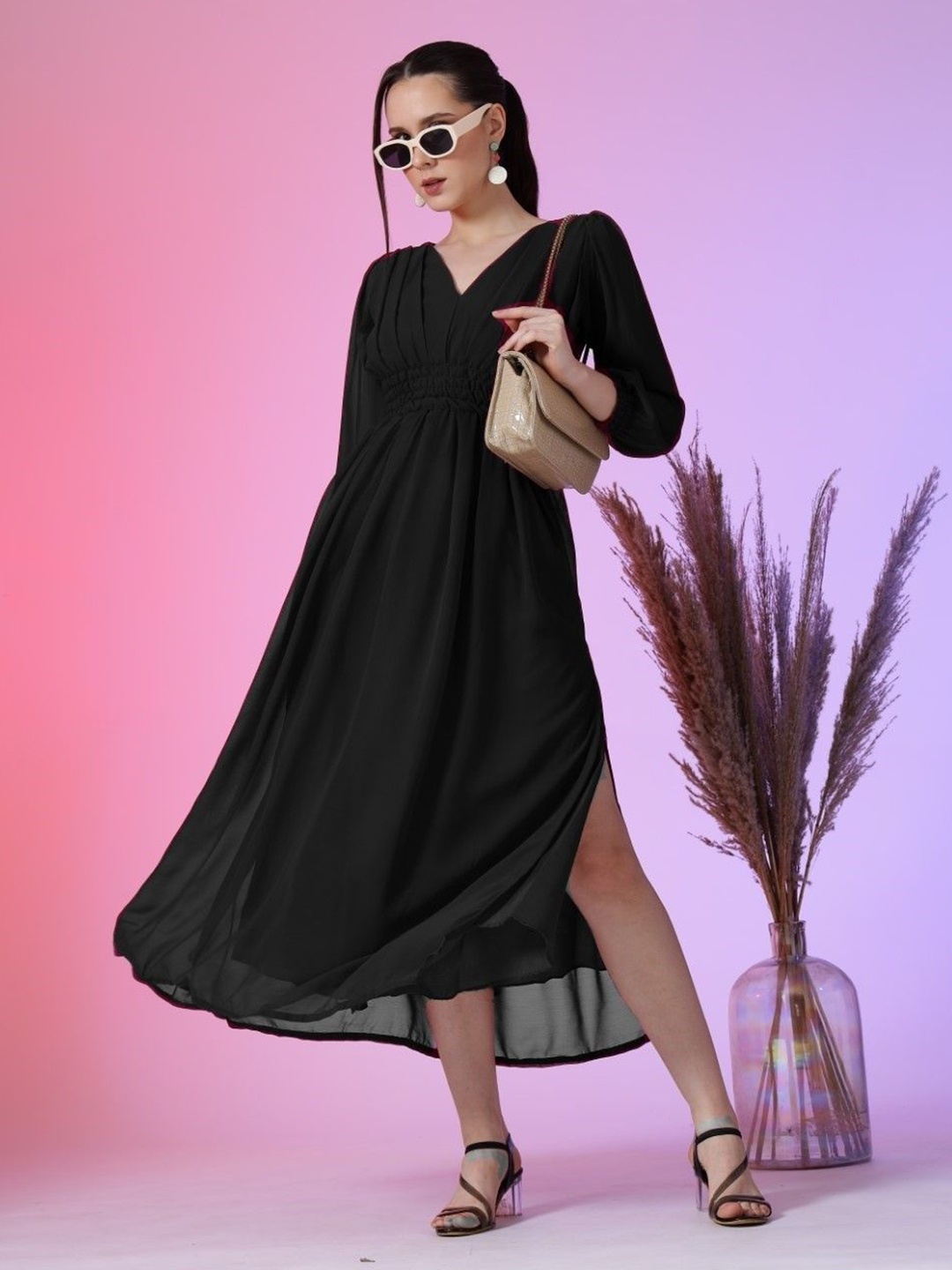 

Krunal Raiyani Women Fit & Flare Puff Sleeves Maxi Dress, Black