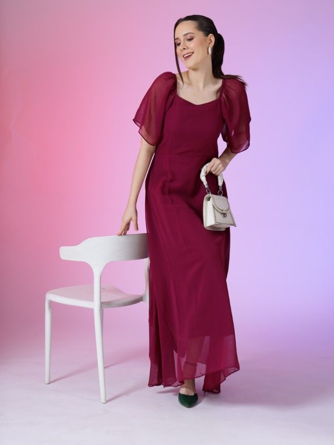 

Femvy Bell Sleeve Women Sweetheart Neck Maxi Dress, Magenta