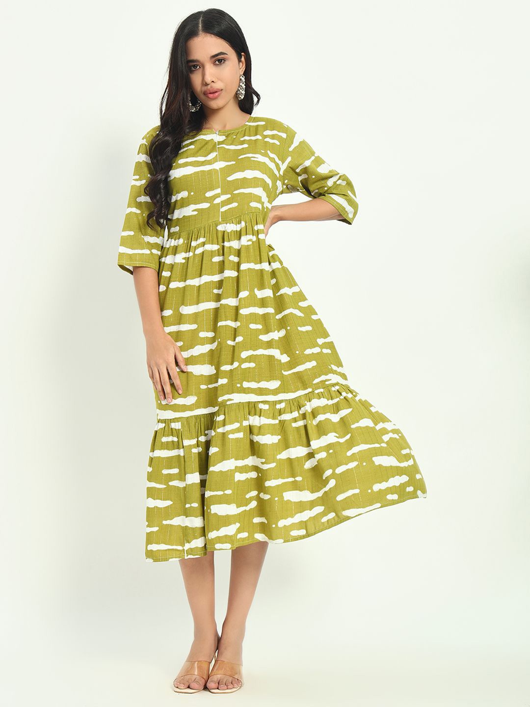 

KALINI Women Print Midi Fit and Flare Dress, Green