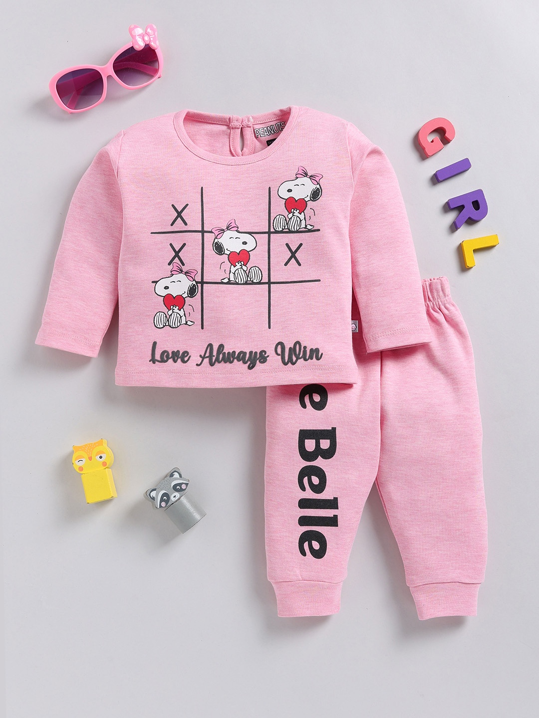 

YK X Tinyo Infant Girls Peanuts Printed Pure Cotton Top with Joggers, Pink