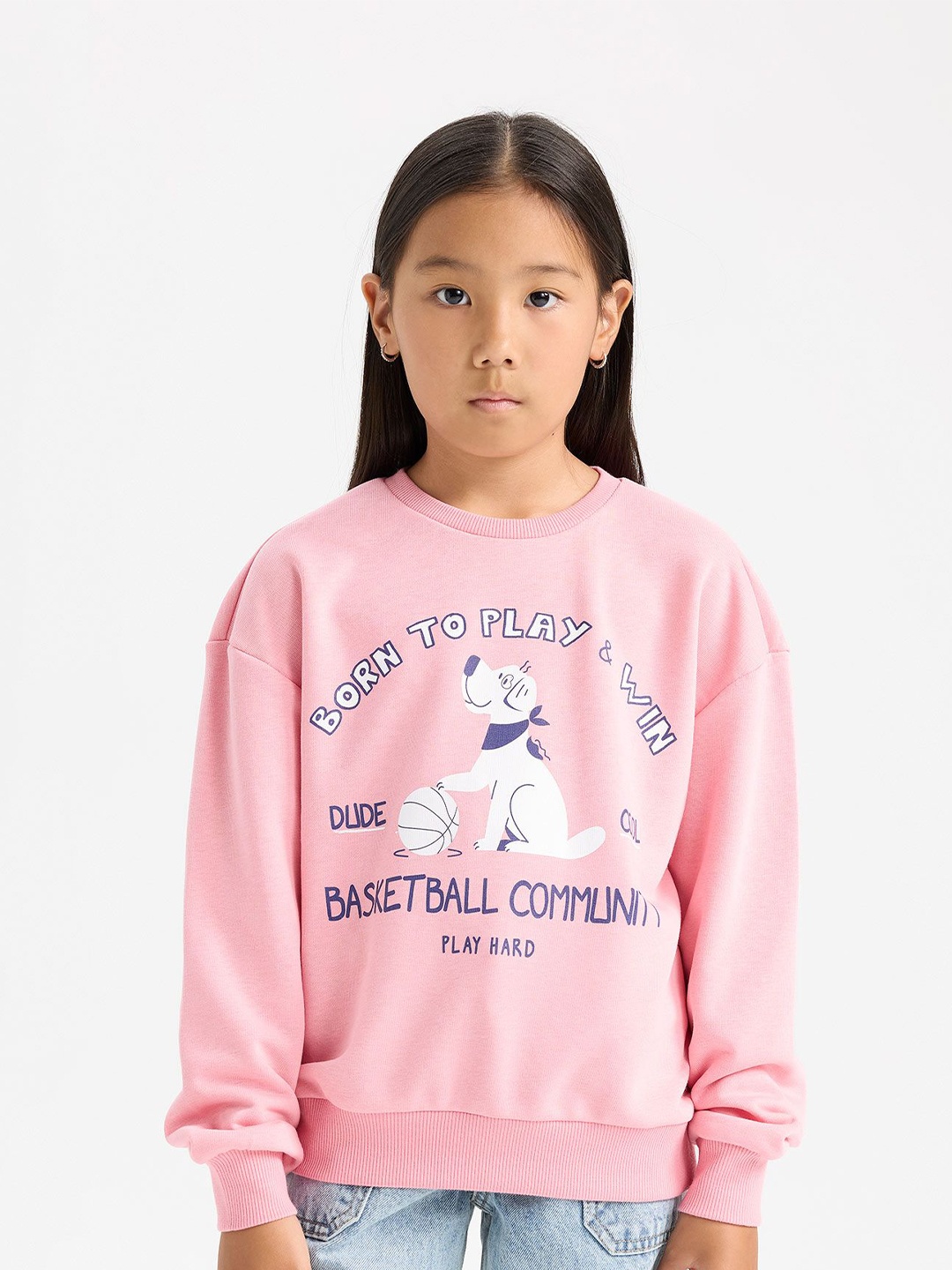 

DeFacto Girls Typography Self Design Pullover, Pink