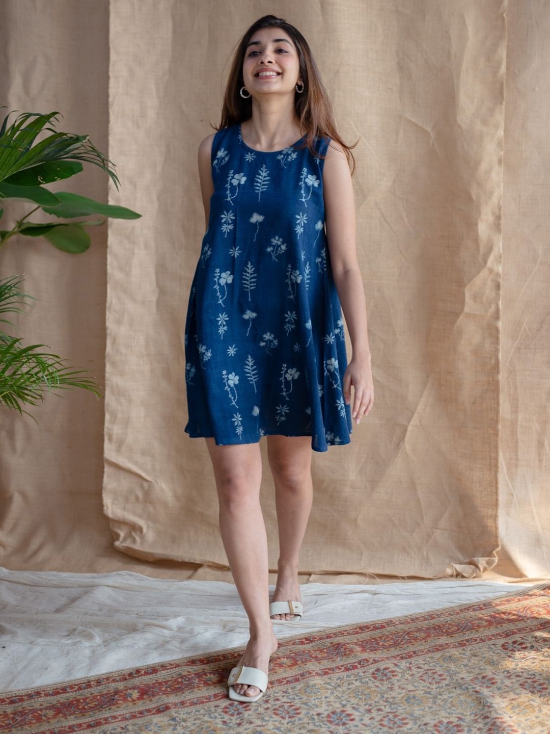 

THE INDIAN ETHNIC CO Floral Print A-Line Mini Dress, Blue