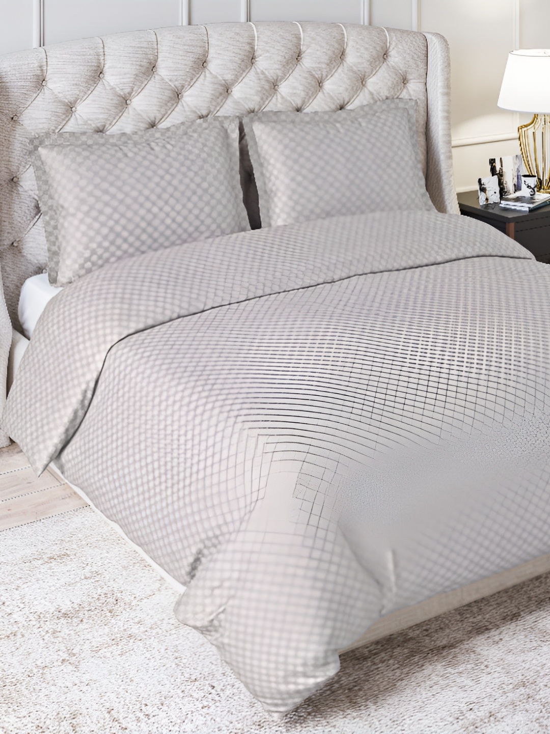 

Trance Home Linen 300TC Checks Zippered Queen Rajai Cover/Blanket Cover with 2 Pillow Covers, Silver