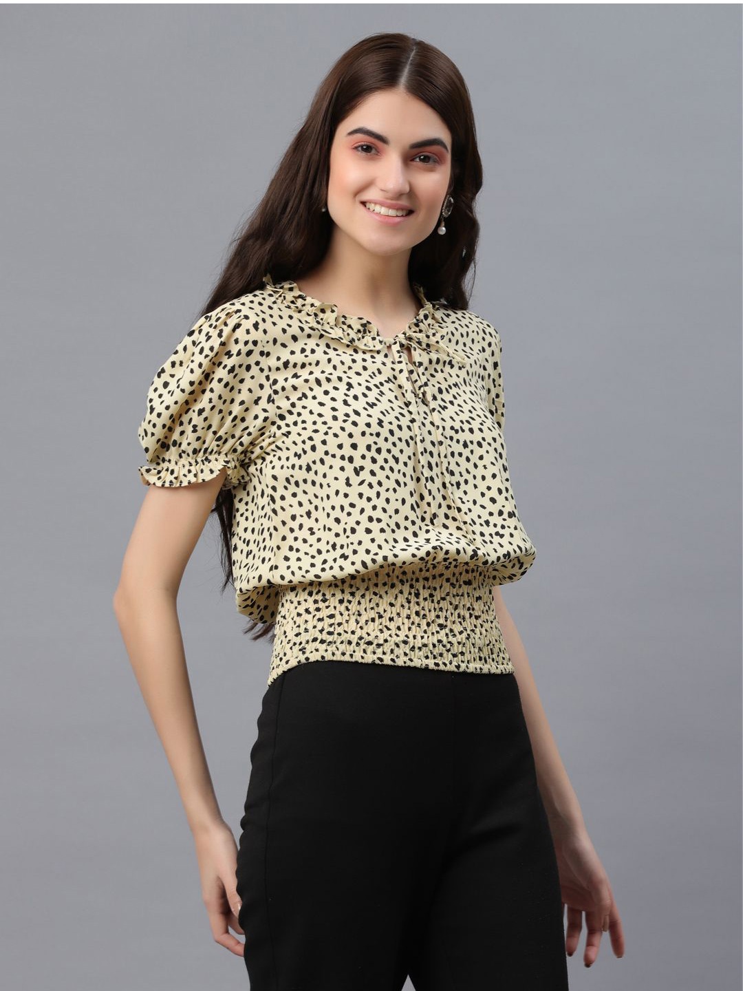 

all about you Geometric Print Tie-Up Neck Puff Sleeve Top, Beige