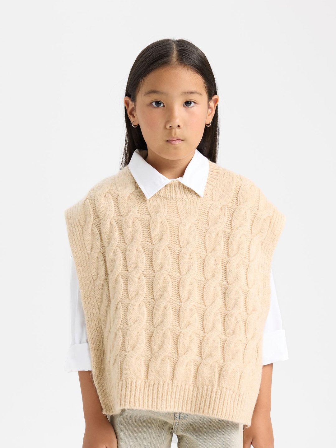 

DeFacto Girls Self Design Cable Knit Pullover Sweater, Beige