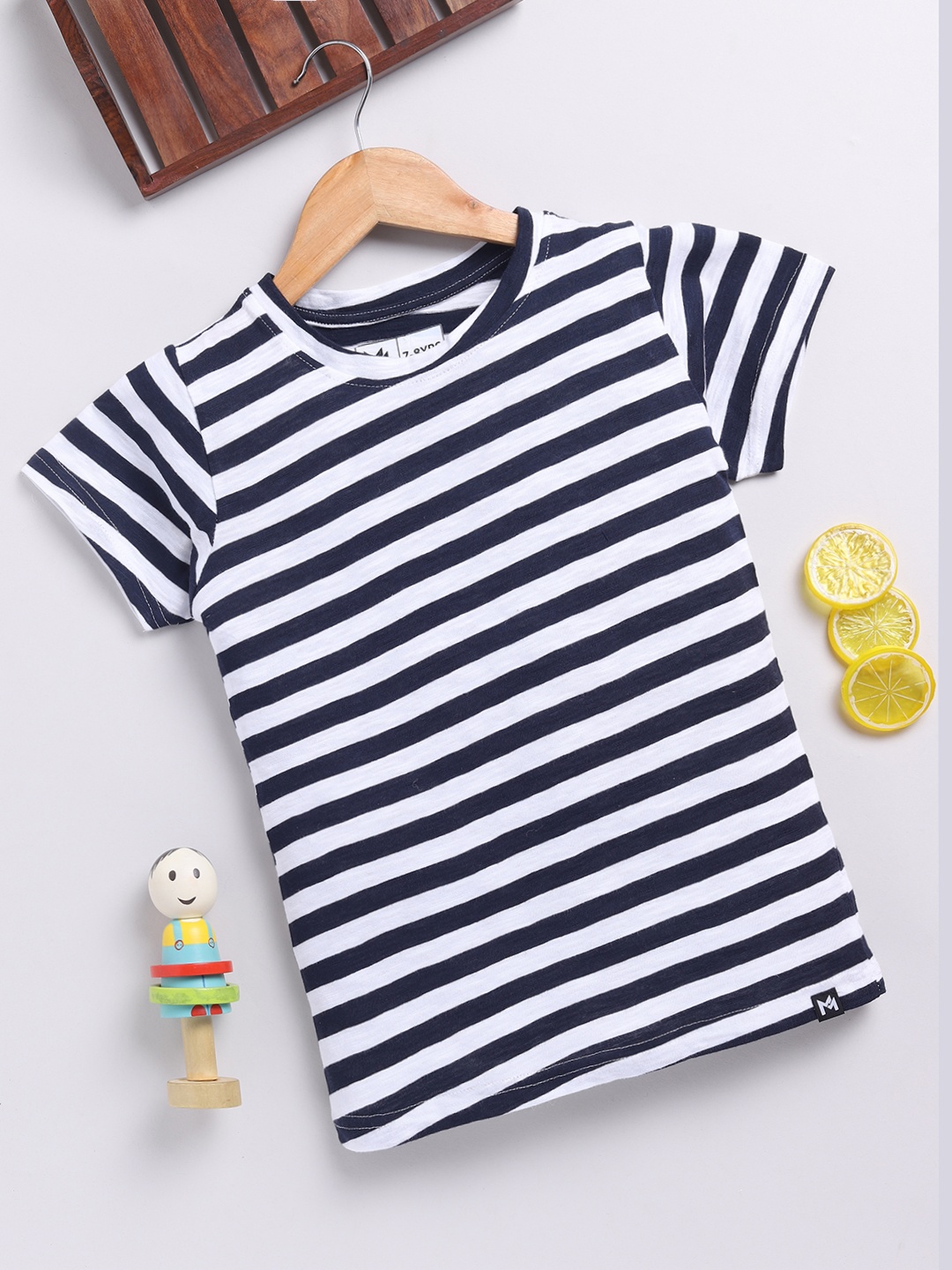 

YK X Minute Mirth Girls Striped Pure Cotton T-shirt, Navy blue