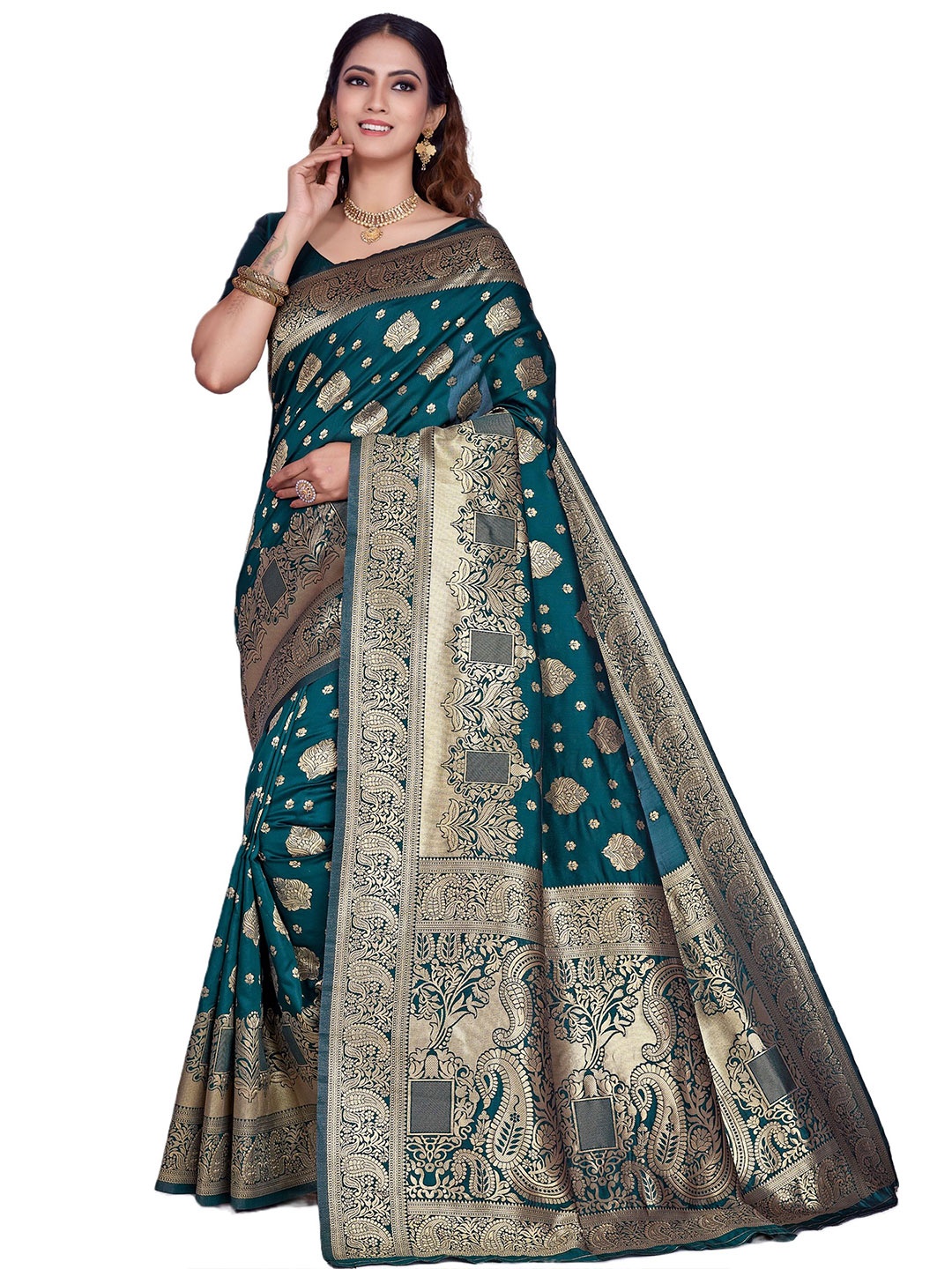 

SHRIMAY Woven Design Zari Art Silk Banarasi Saree, Green
