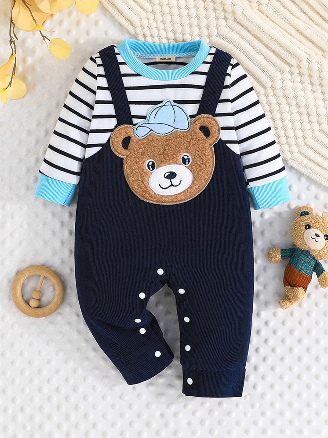 

INCLUD Boys Striped Bear Patchwork Romper, Blue