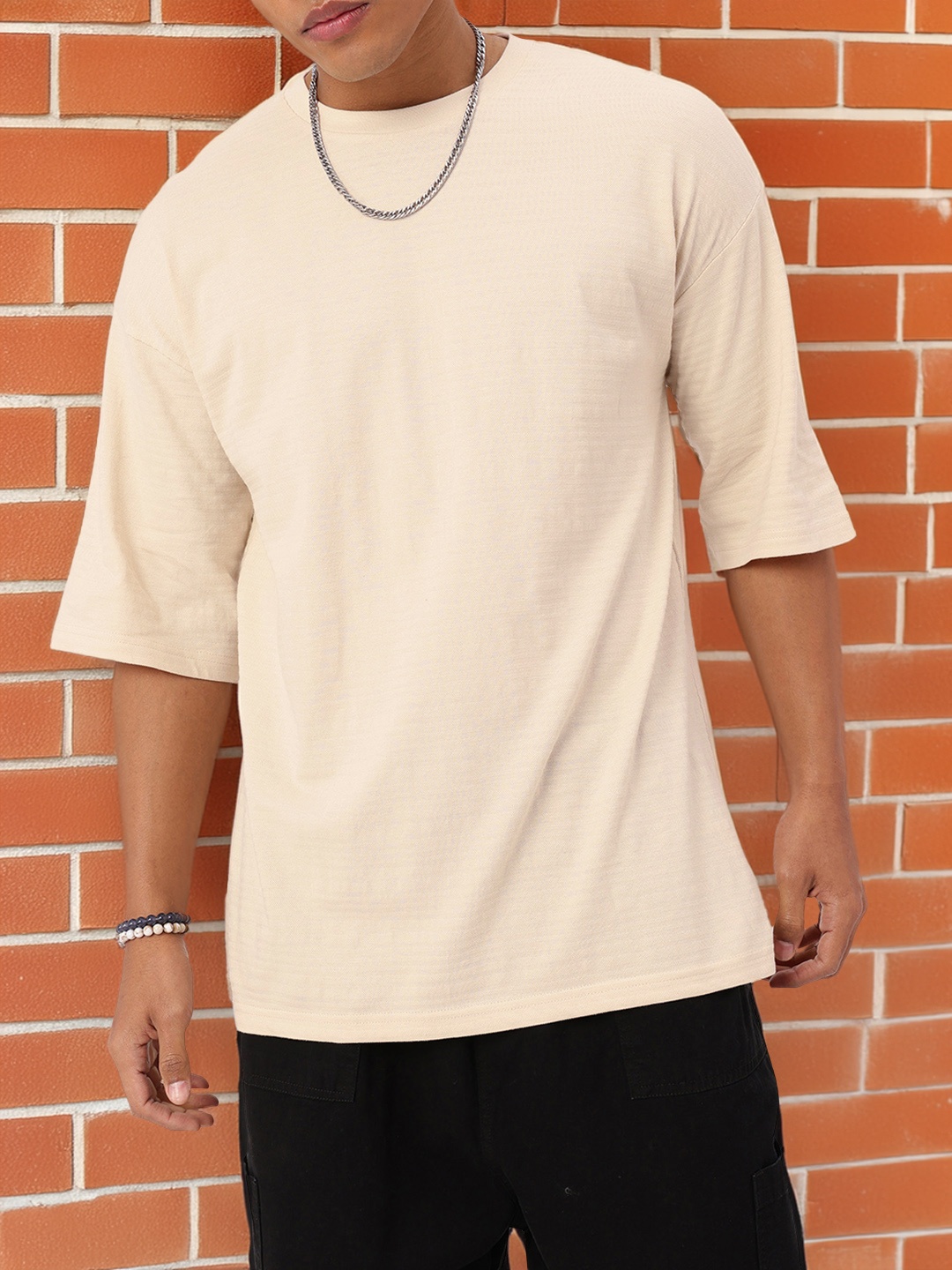 

Kook N Keech Unique Edge Self Striped Textured Oversized T-shirt, Beige