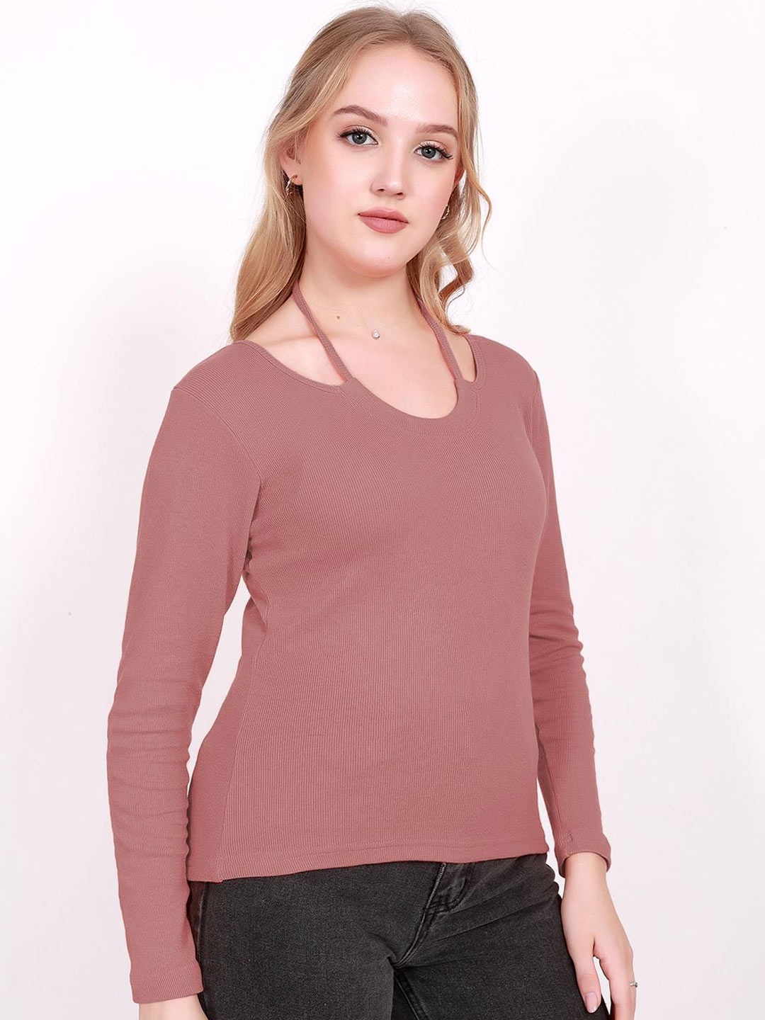 

BAESD Women Ribbed Halter Neck Top, Peach