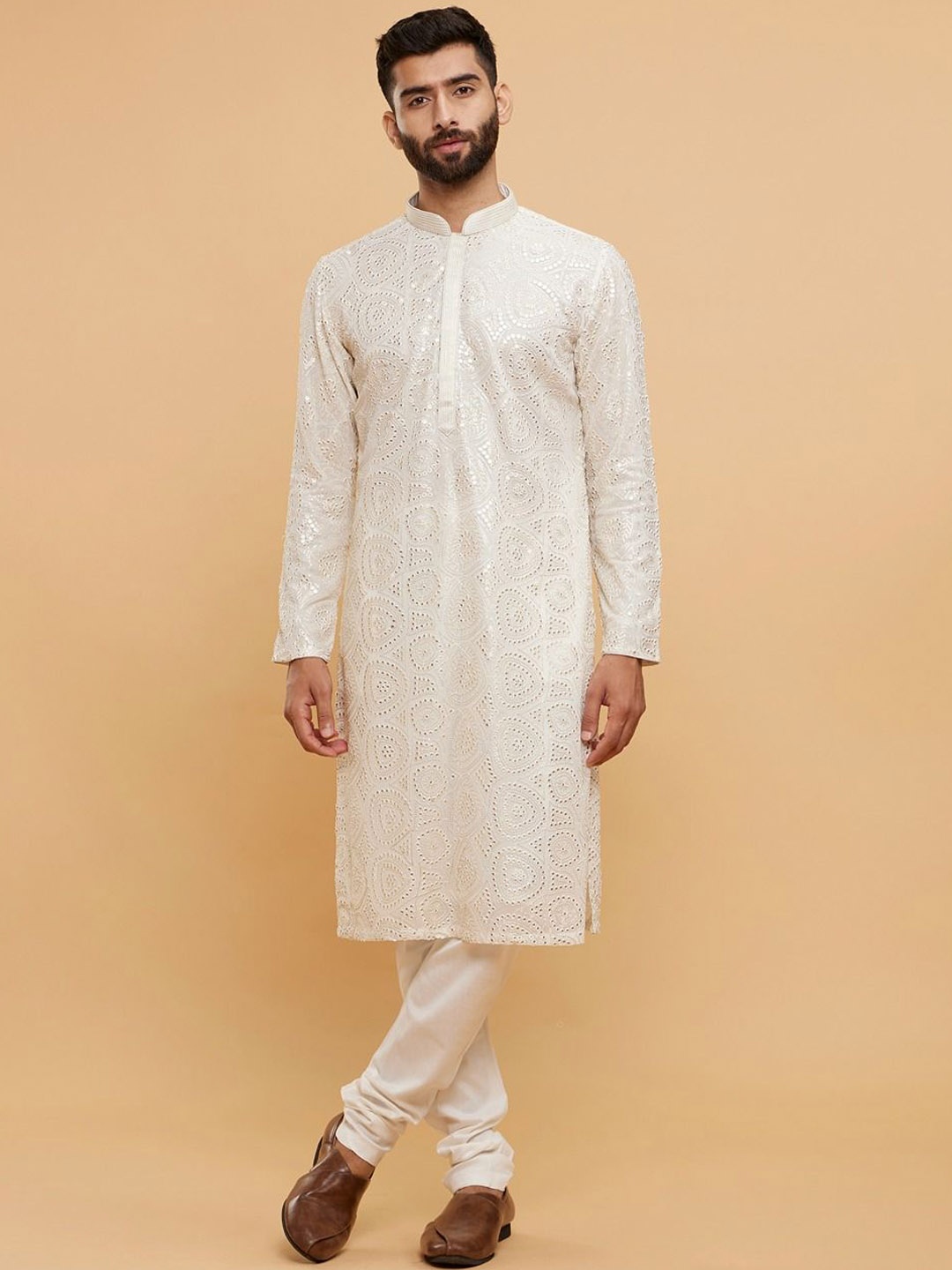 

Twamev Men Embroidered Regular Mirror Work Kurta with Churidar, Cream