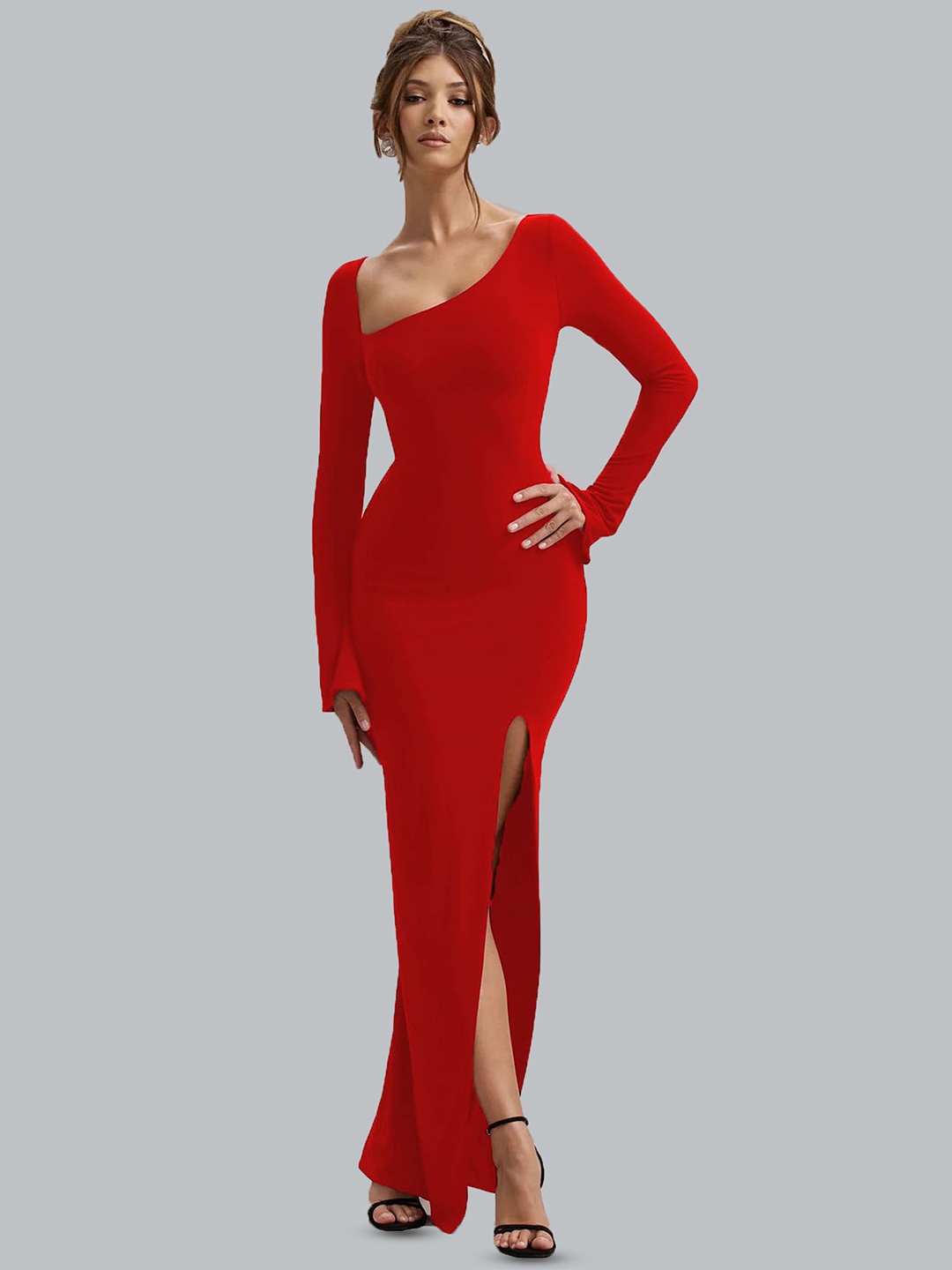 

TRAQUILA Flared Sleeve Bodycon Maxi Dress, Red
