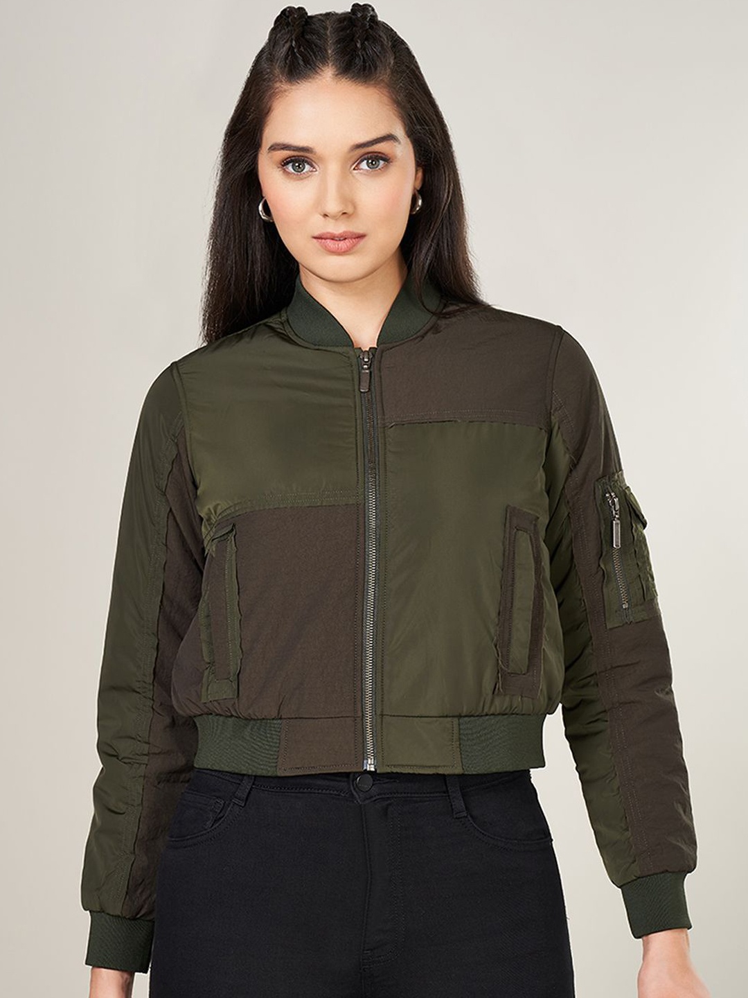 

SF JEANS by Pantaloons Women Colourblocked Crop Bomber with Patchwork Jacket, Olive