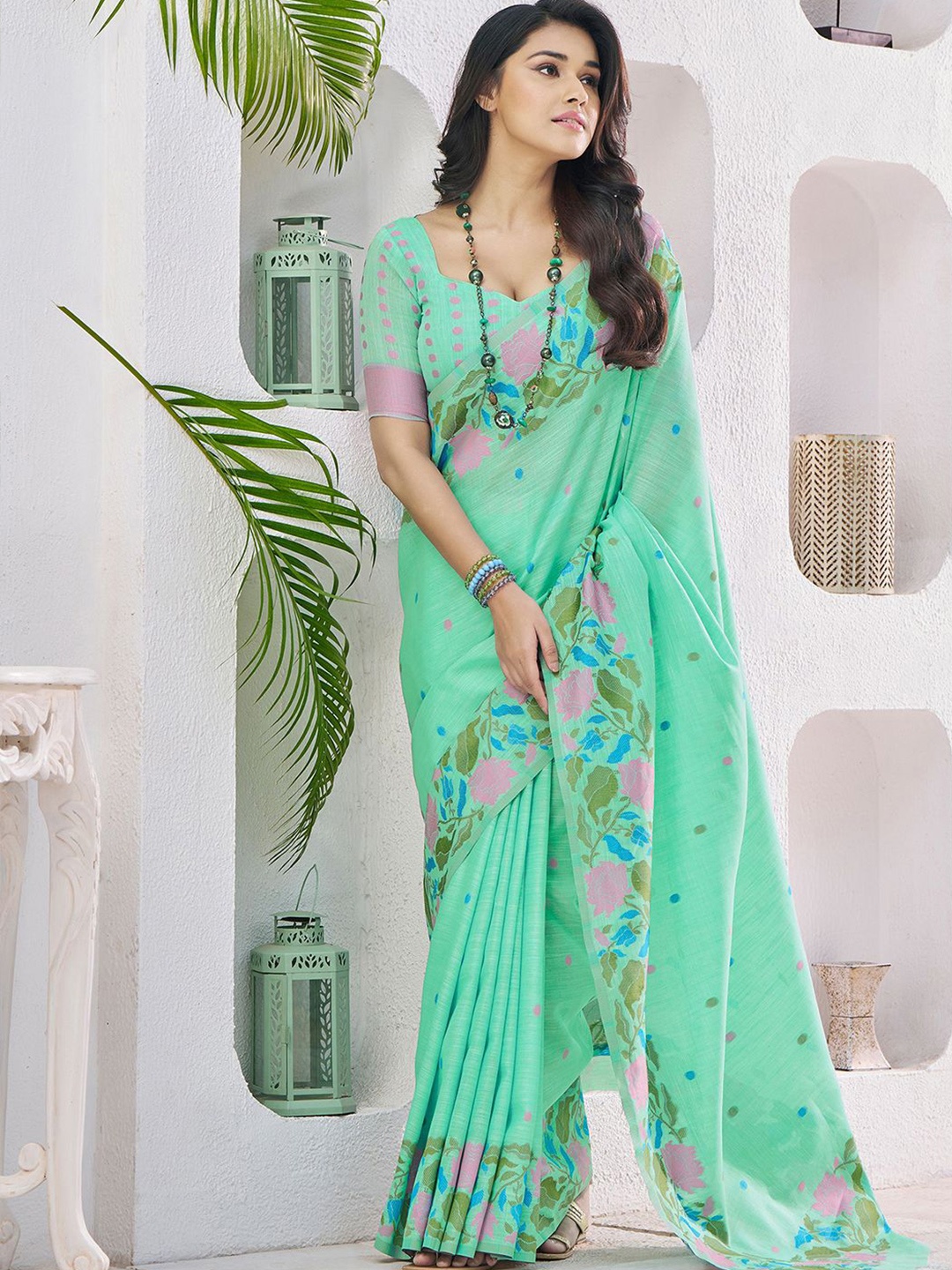 

Satrani Floral Zari Pure Silk Banarasi Saree, Green