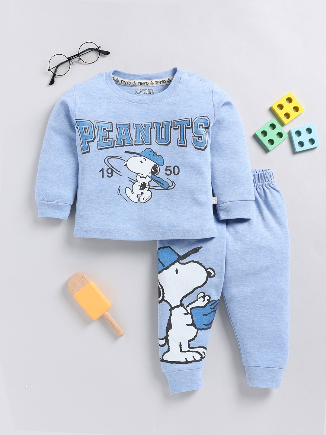 

YK X Tinyo Infant Boys Peanuts Printed Pure Cotton T-shirt with Joggers, Blue