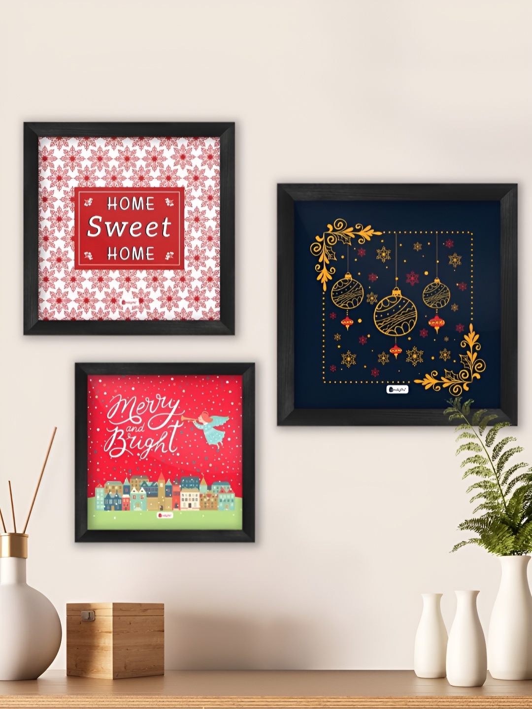 

Indigifts Set of 3 Christmas Decoration for Home Poster Frames, Black