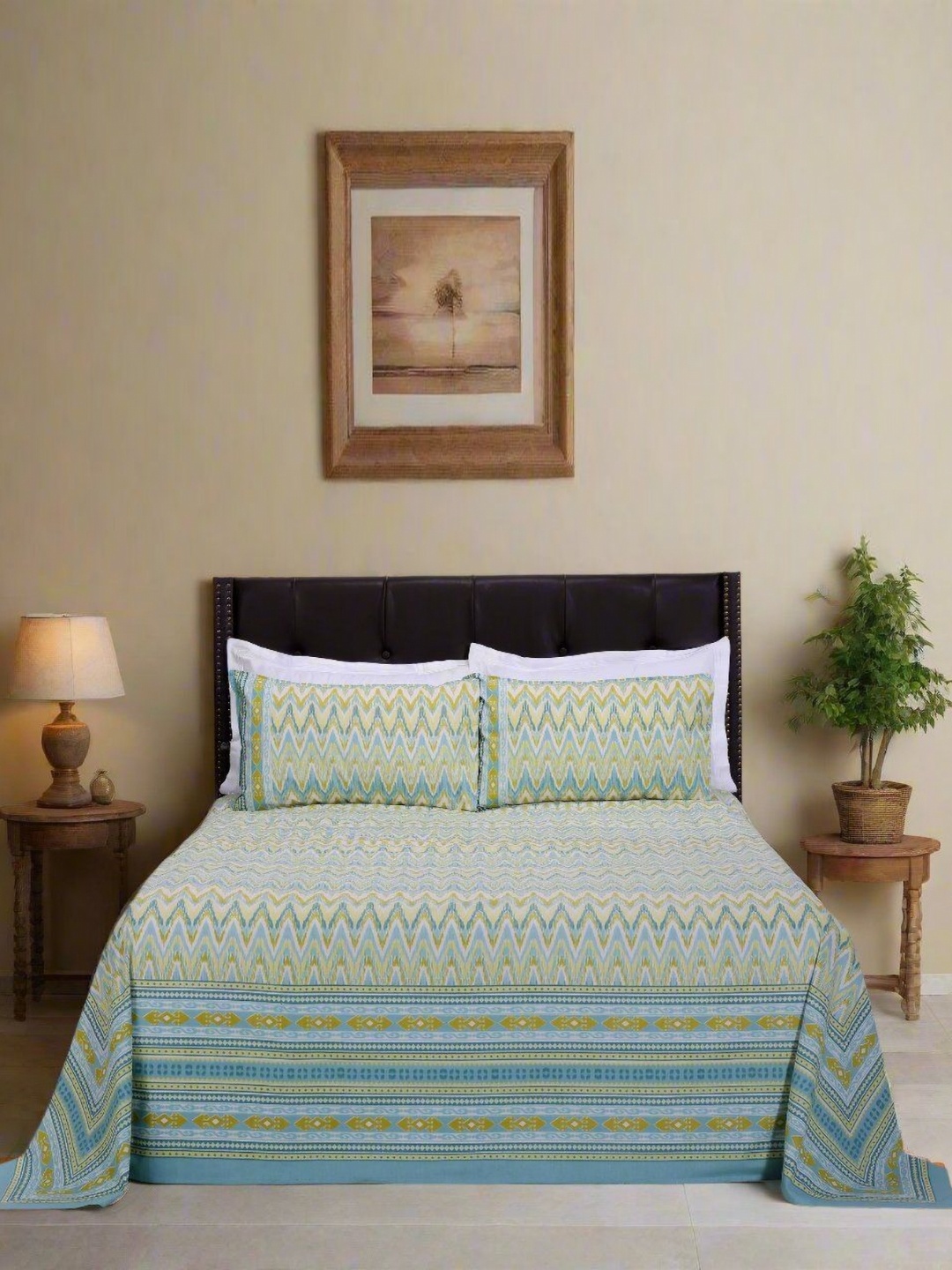 

SHAHENAZ Green & Blue Ethnic Motifs Cotton 120 TC King Bedsheet with 2 Pillow Covers