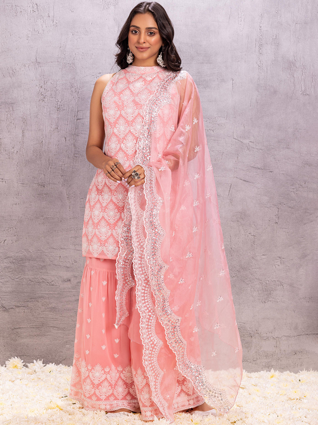 

SEW Women Floral Embroidered Regular Thread Work Kurta with Palazzos & With Dupatta, Peach