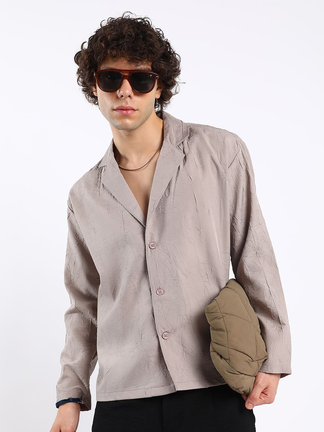 

Campus Sutra Men Comfort Spread Collar Textured Oversized Casual Shirt, Beige