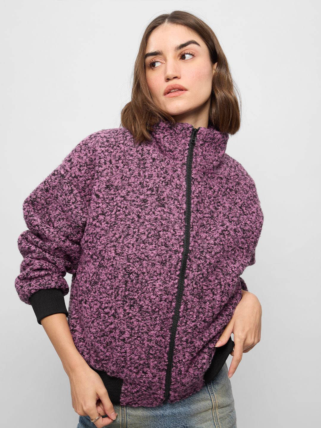 

The Souled Store Women Floral Acrylic Open Front Jacket, Purple