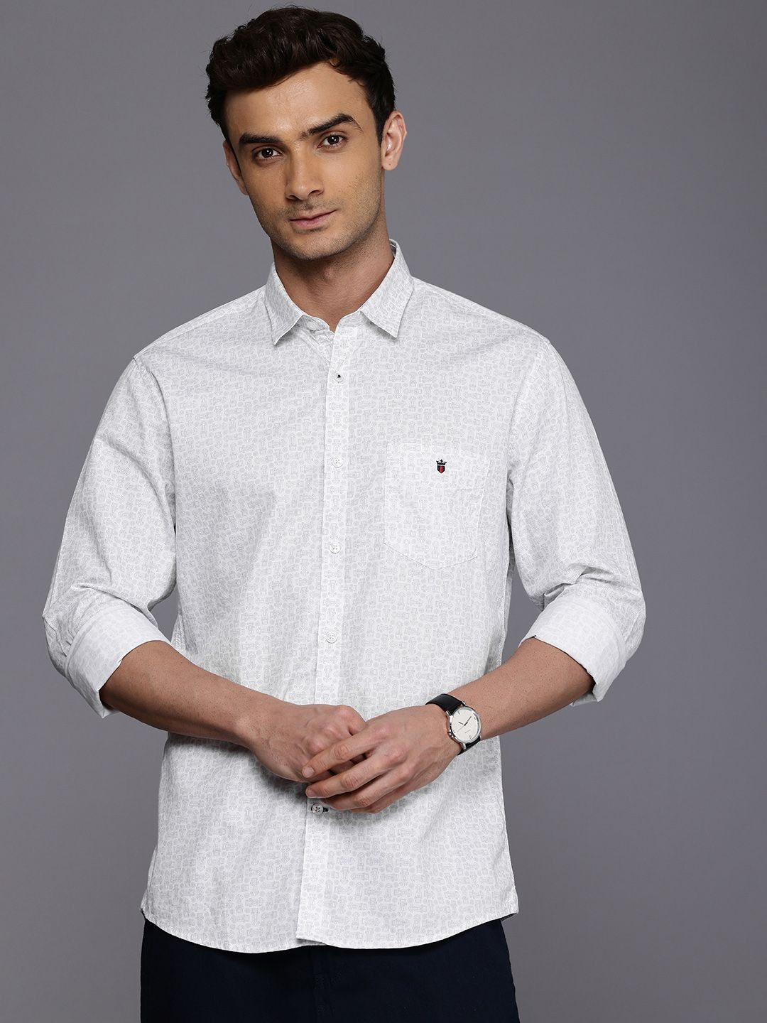 

Louis Philippe Sport Slim Fit Geometric Printed Pure Cotton Casual Shirt, White