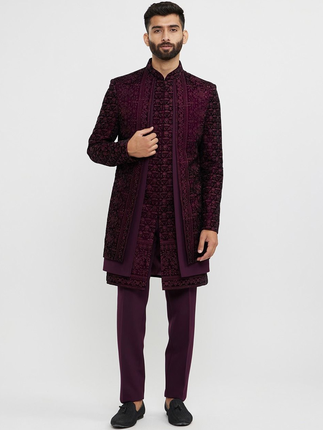 

Twamev Embroidered Stone & Thread Work Mandarin Collar Velvet Sherwani Set, Purple