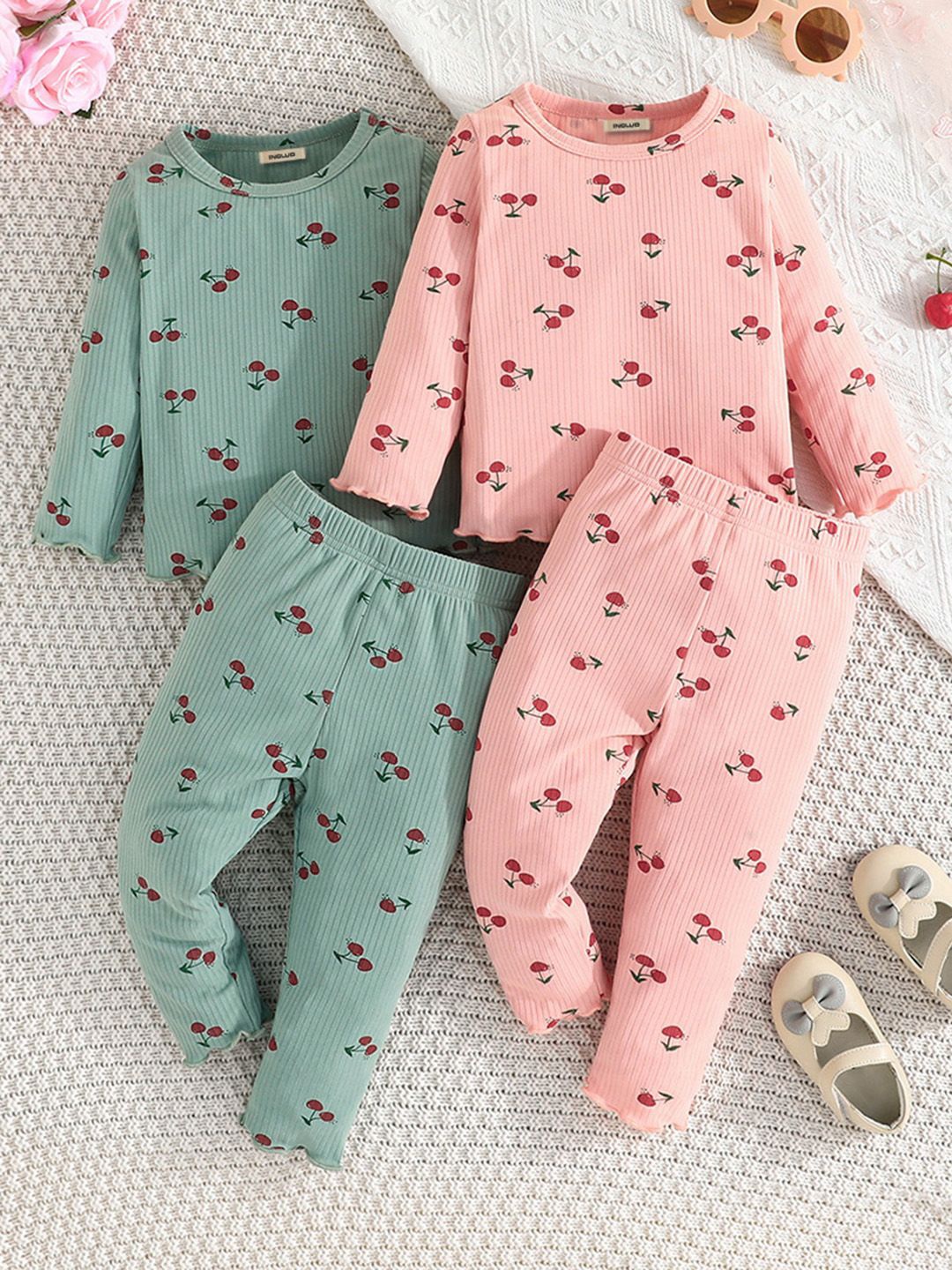 

INCLUD Girls Printed T-shirt with Trousers, Green