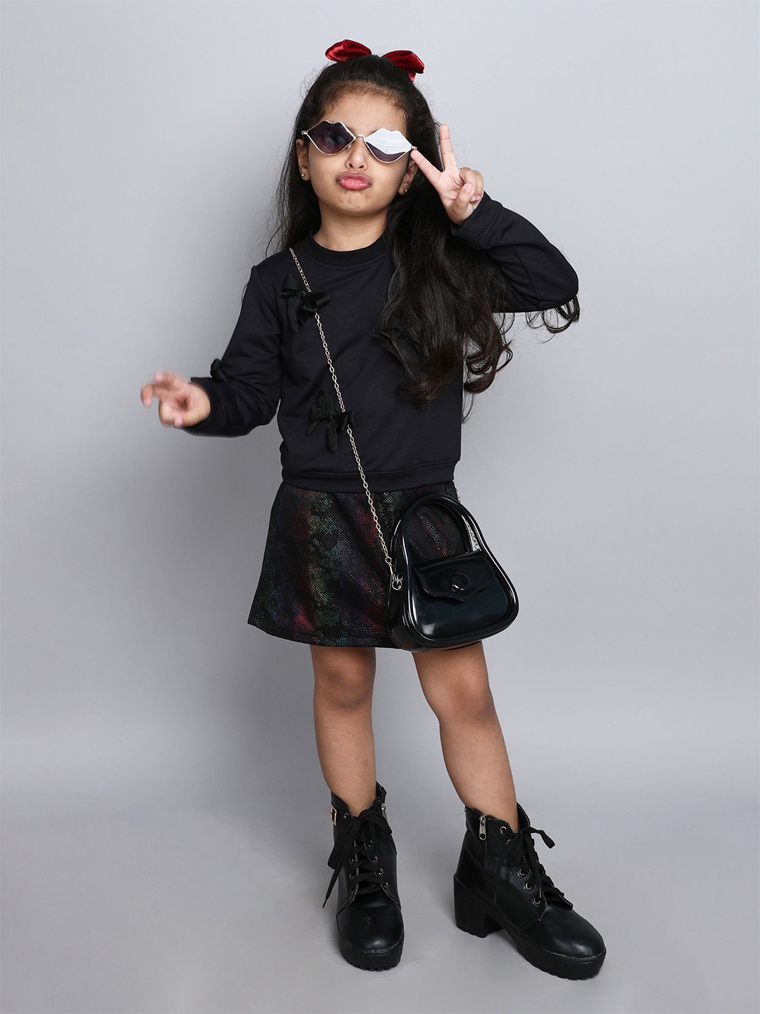 

taffykids Girls Printed Top with Skirt, Black