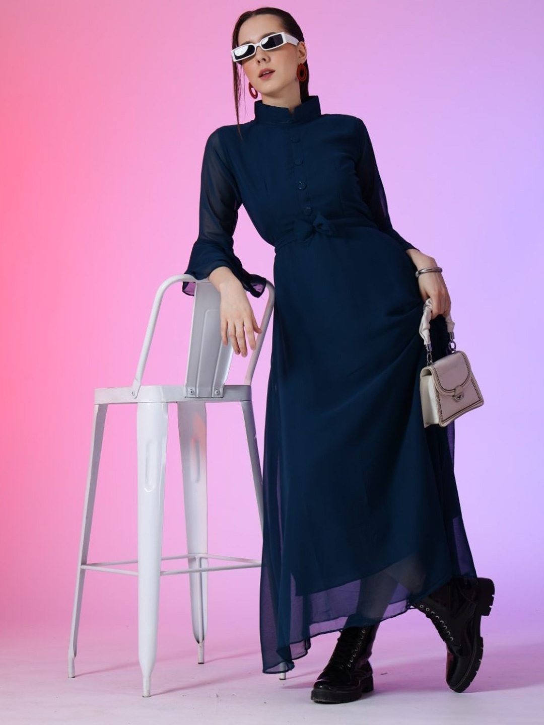 

Raiyani Enterprise Women Mock Neck Fit & Flare Maxi Dress, Blue